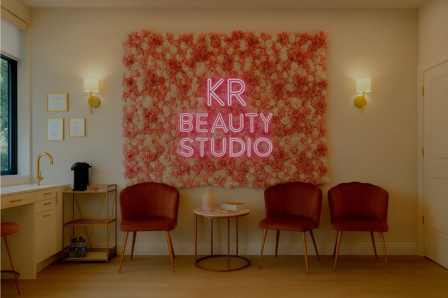 Salon d'accueil de KR Beauty Studio à Uccle, mur de fleurs et enseigne néon